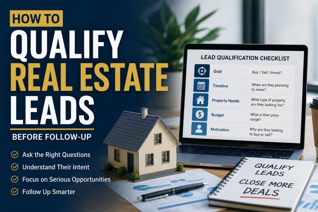 How to Qualify Real Estate Leads: 9 Simple Ways Before Follow-Up 2 How to qualify real estate leads before follow-up, showing a lead qualification checklist for goals, timeline, property needs, budget, and motivation.