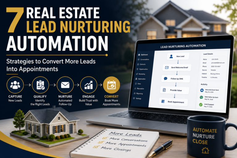 Real estate lead nurturing automation workflow showing lead capture, qualification, automated follow-up, engagement, and appointment booking.