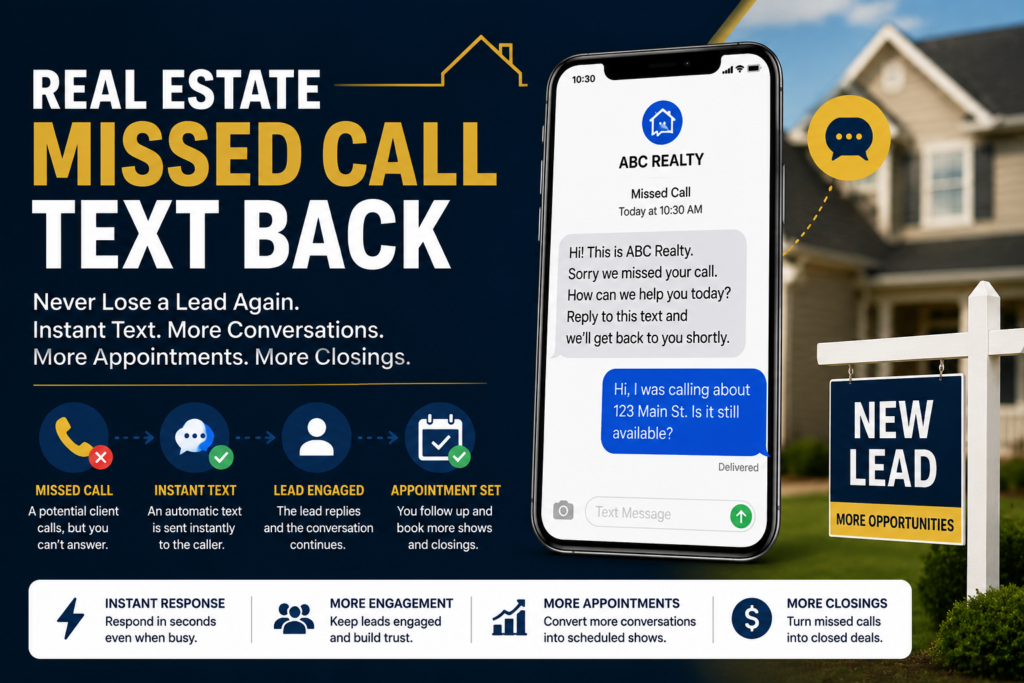 Real estate missed call text back automation showing instant SMS response, lead engagement, and appointment booking.