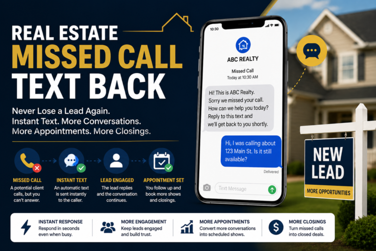 Real estate missed call text back automation showing instant SMS response, lead engagement, and appointment booking.