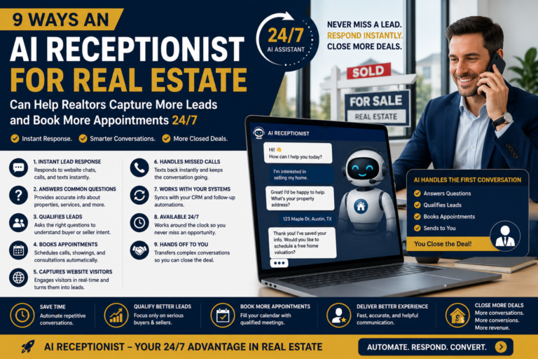 AI receptionist for real estate helping Realtors capture leads, respond to inquiries 24/7, handle missed calls, qualify leads, and book appointments.
