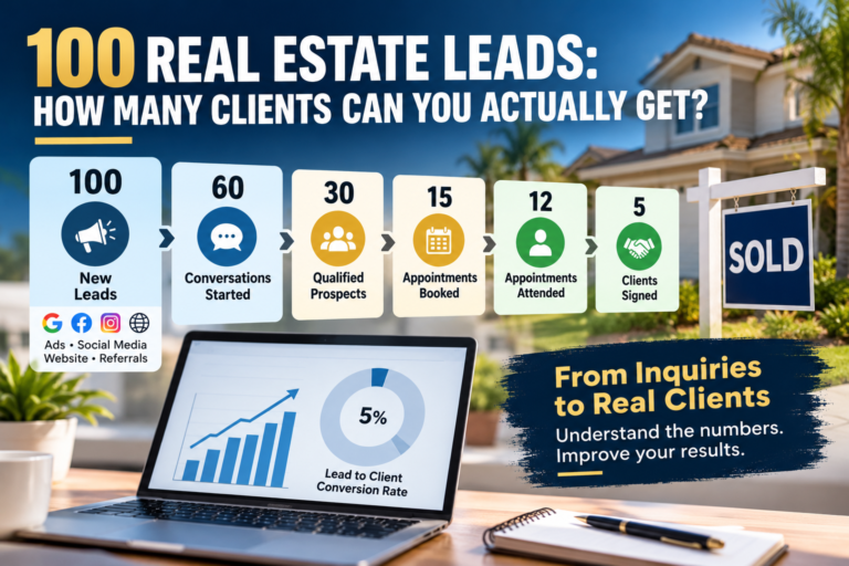 Real Estate Lead Conversion Rate infographic showing how 100 leads turn into 60 conversations, 30 qualified prospects, 15 booked appointments, and 5 signed clients.