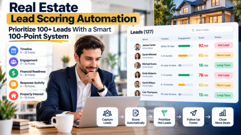 Real estate lead scoring automation dashboard showing hot, warm, and long-term leads ranked with a 100-point system