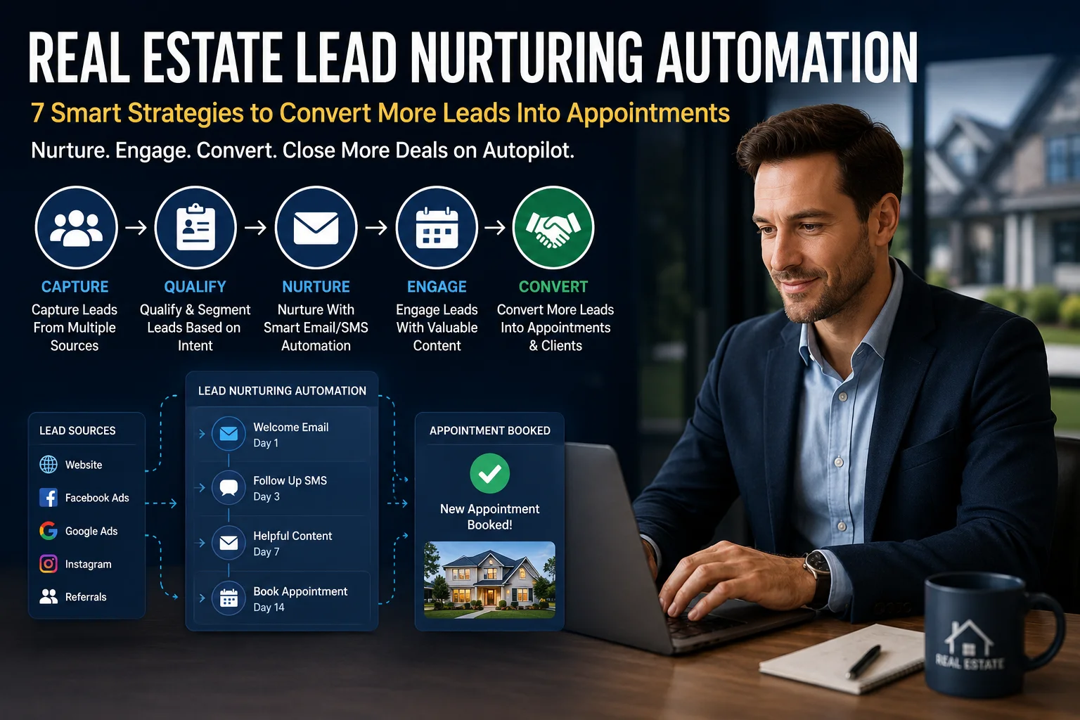 7 real estate lead nurturing automation strategies showing lead capture, qualification, automated follow-up, engagement, and appointment booking.