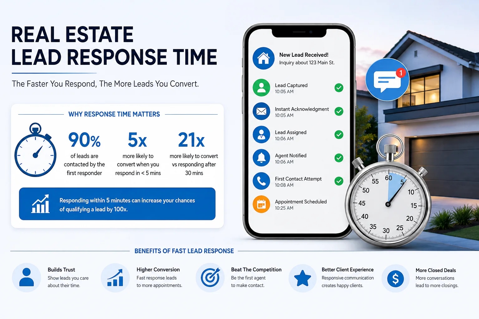 9 Ways to Improve Real Estate Lead Response Time and Convert More Leads 1 Real estate lead response time infographic showing fast lead capture, instant follow-up, agent notification, and appointment scheduling`